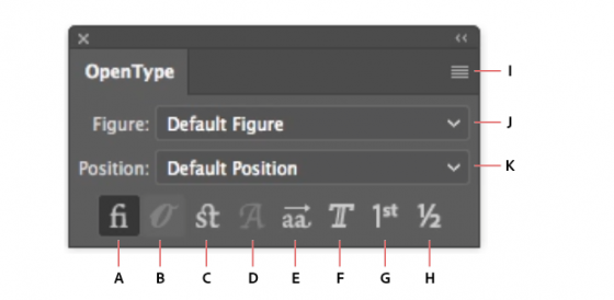 A. Standard Ligatures B. Contextual Alternates C. Discretionary Ligatures D. Swash E. Stylistic Alternates F. Titling Alternates G. Ordinals H. Fractions I. panel menu J. Figure type K. Character position 